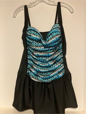 Emerald Black Swimdress with Blue Patterned Bodice
